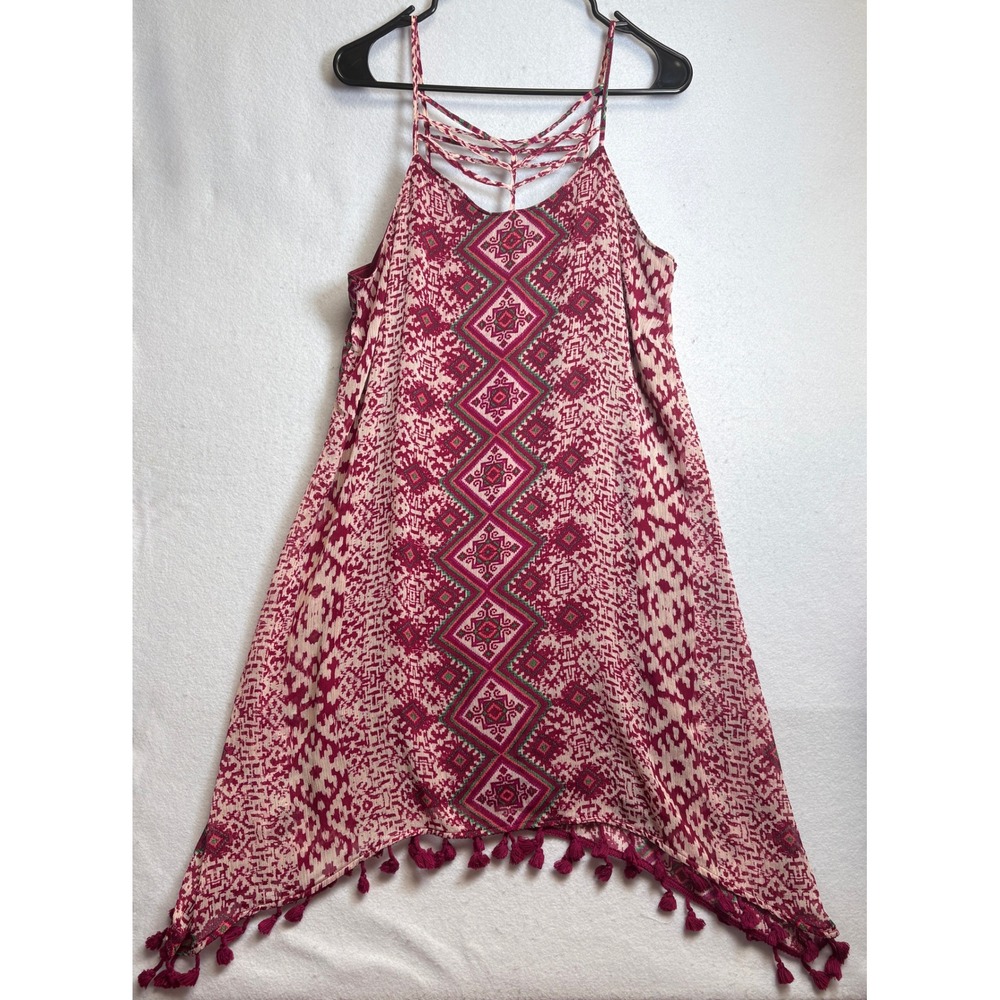 Maurices Women Burgundy Geometric Tribal Print Tassel Handkerchief dress M - Picture 3 of 11